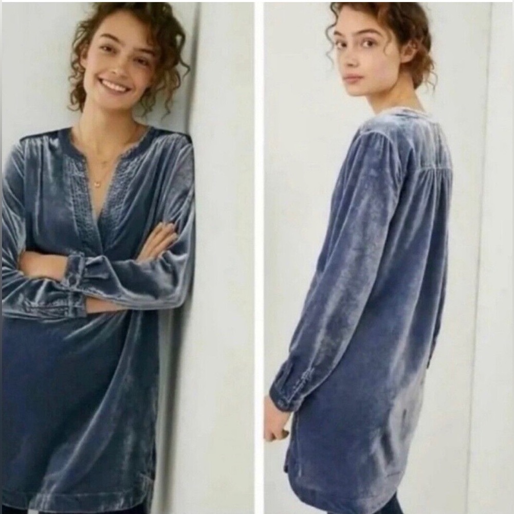 Anthropologie Velour Blouse Dress/ Blue/ Size S